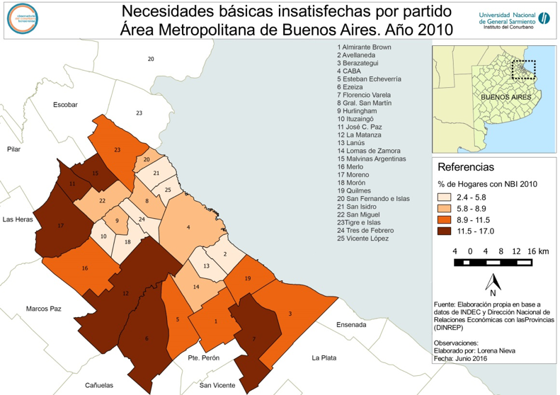 Figure 3: Percentage of homes with unsatisfied basic necessities (UBN) in Greater Buenos Aires, 2010. (Source: Observatorio del Conurbano Bonaerense, National University of General Sarmiento)